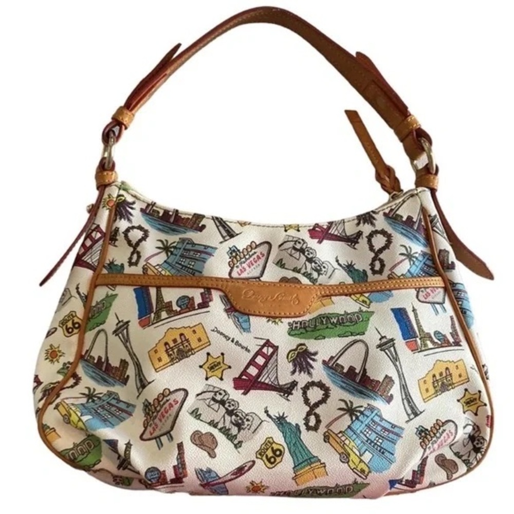 🎉🗽🌉Dooney & Bourke white bag with tan leather straps w/iconic US destinat…